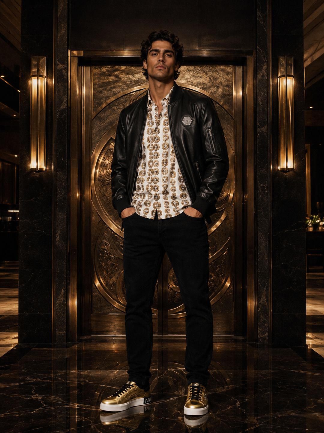 Black Gold After Dark men's streetwear outfit with leather jacket, black jeans and gold sneakers