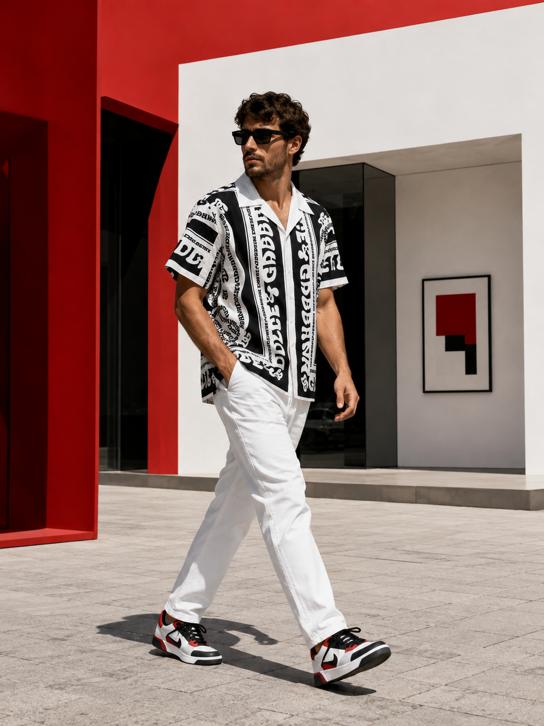 Men's black and white patterned shirt, white jeans and red accent sneakers