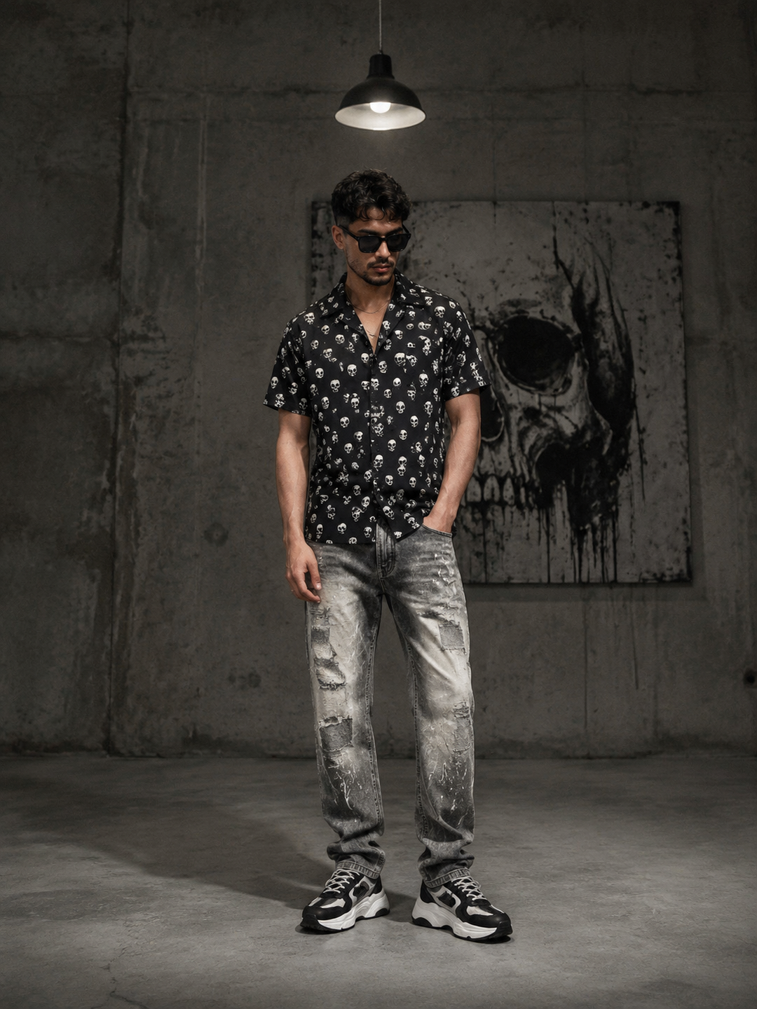 Men's skull print shirt, grey distressed jeans and chunky sneakers