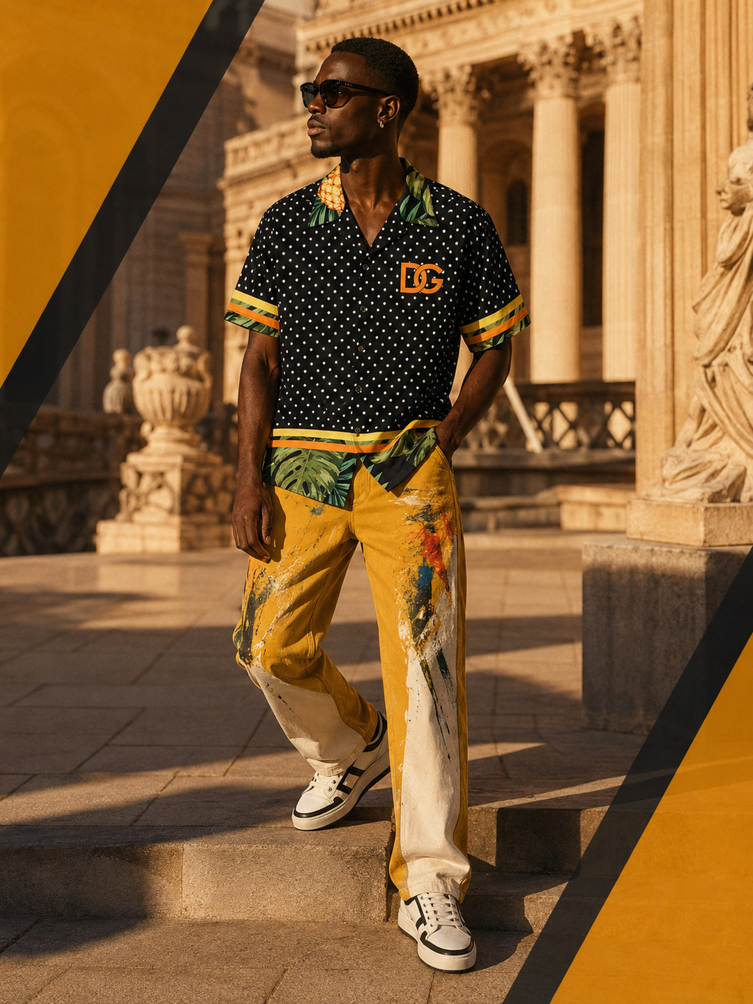 Men's black patterned shirt, mustard painter jeans and white sneakers