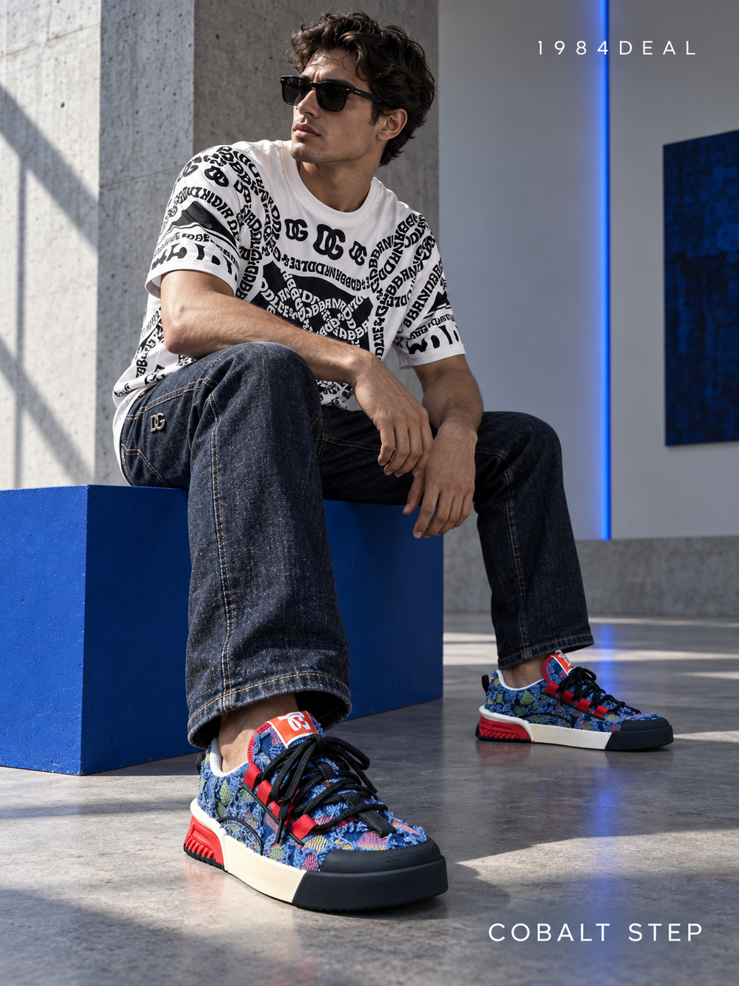 Adult man in a white graphic T-shirt, dark indigo jeans and blue multicolor sneakers in a concrete gallery
