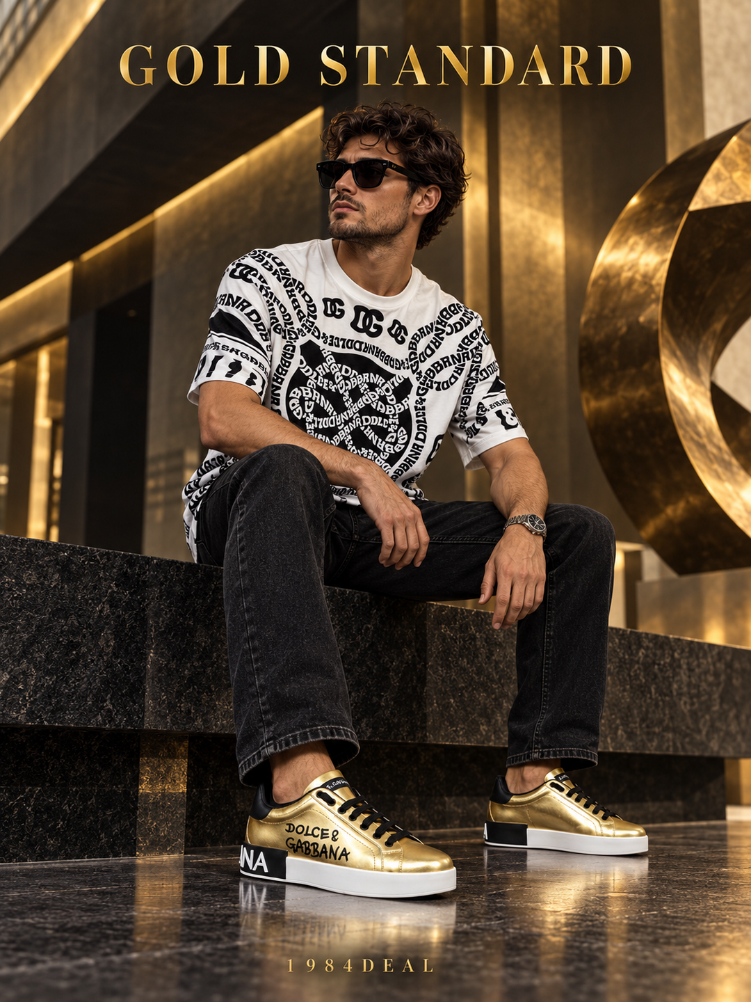 Adult man wearing a white black-graphic T-shirt, dark black jeans and gold low-top sneakers in a bronze-lit gallery