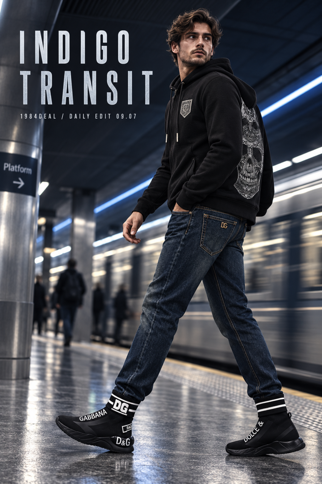Adult male model in a black skull graphic zip hoodie, dark indigo jeans and black sock-style high-top sneakers in a modern transit station.