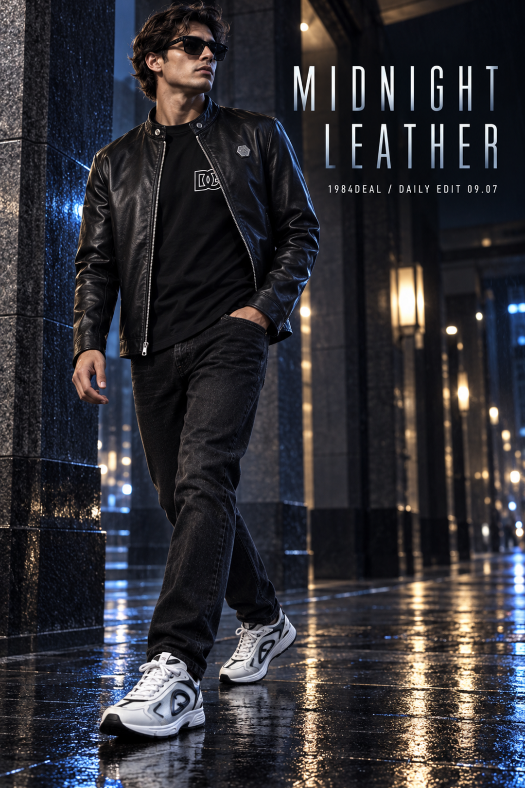 Adult male model in a black leather jacket, black T-shirt, black jeans and white-grey sneakers in a rain-lit city arcade.