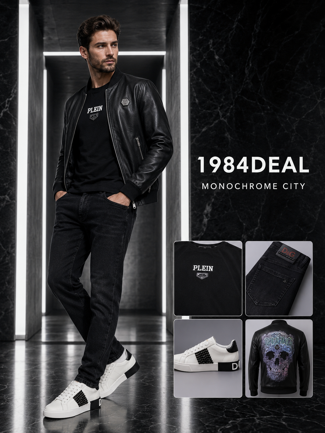 Male model wearing a black leather jacket, black logo T-shirt, black jeans, and white-and-black sneakers in a monochrome city setting.