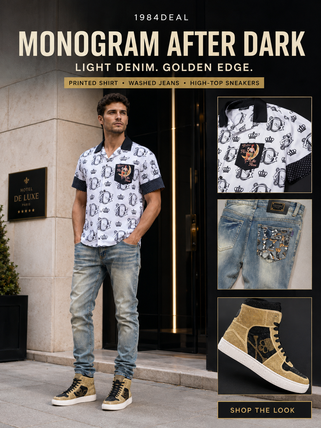 European male model wearing a white monogram shirt, light-wash jeans and black-gold high-top sneakers.