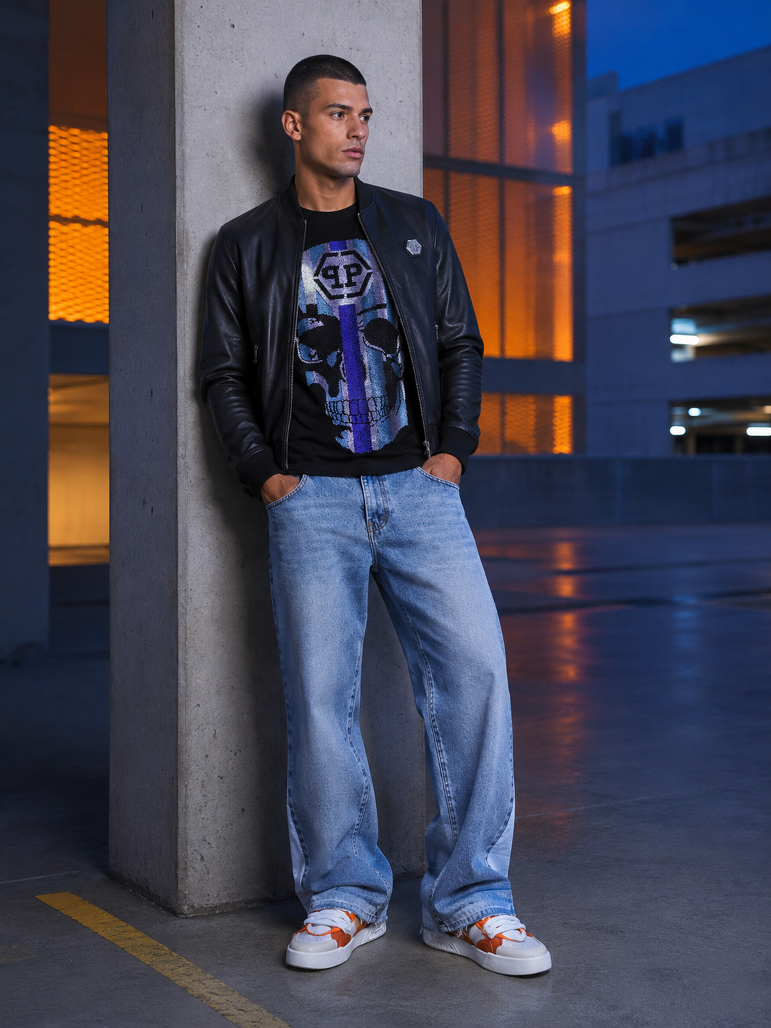 Male model in black leather jacket, skull T-shirt, light blue jeans and white-orange sneakers