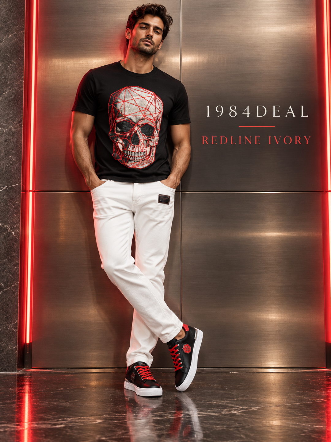 Adult male in a black red skull graphic T-shirt, white jeans and black-red sneakers