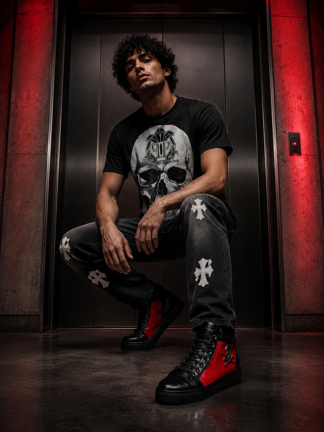 Male model in a black skull T-shirt, black cross-print jeans and black-red high-top sneakers