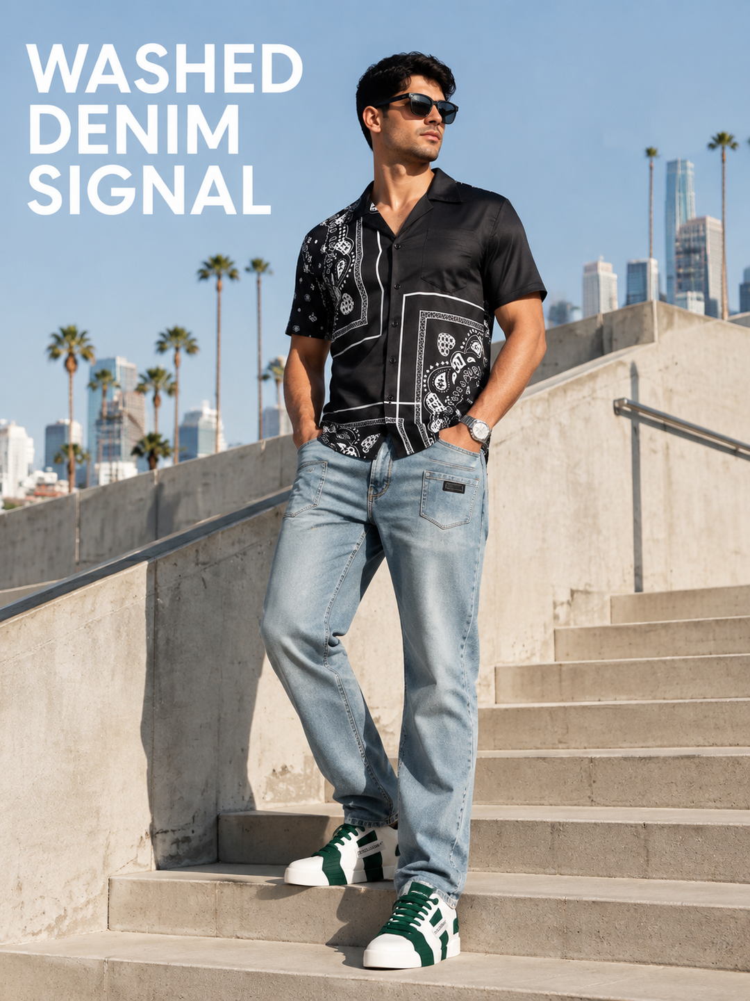 Men's washed denim outfit with a black bandana shirt and white-green sneakers.