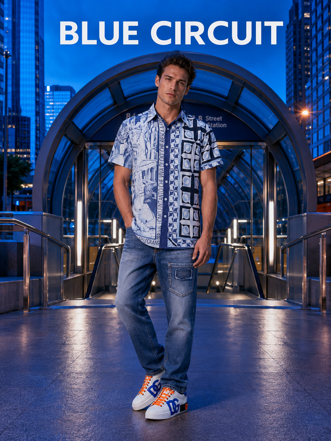 Men's blue streetwear outfit with printed shirt, blue jeans and colorful sneakers.