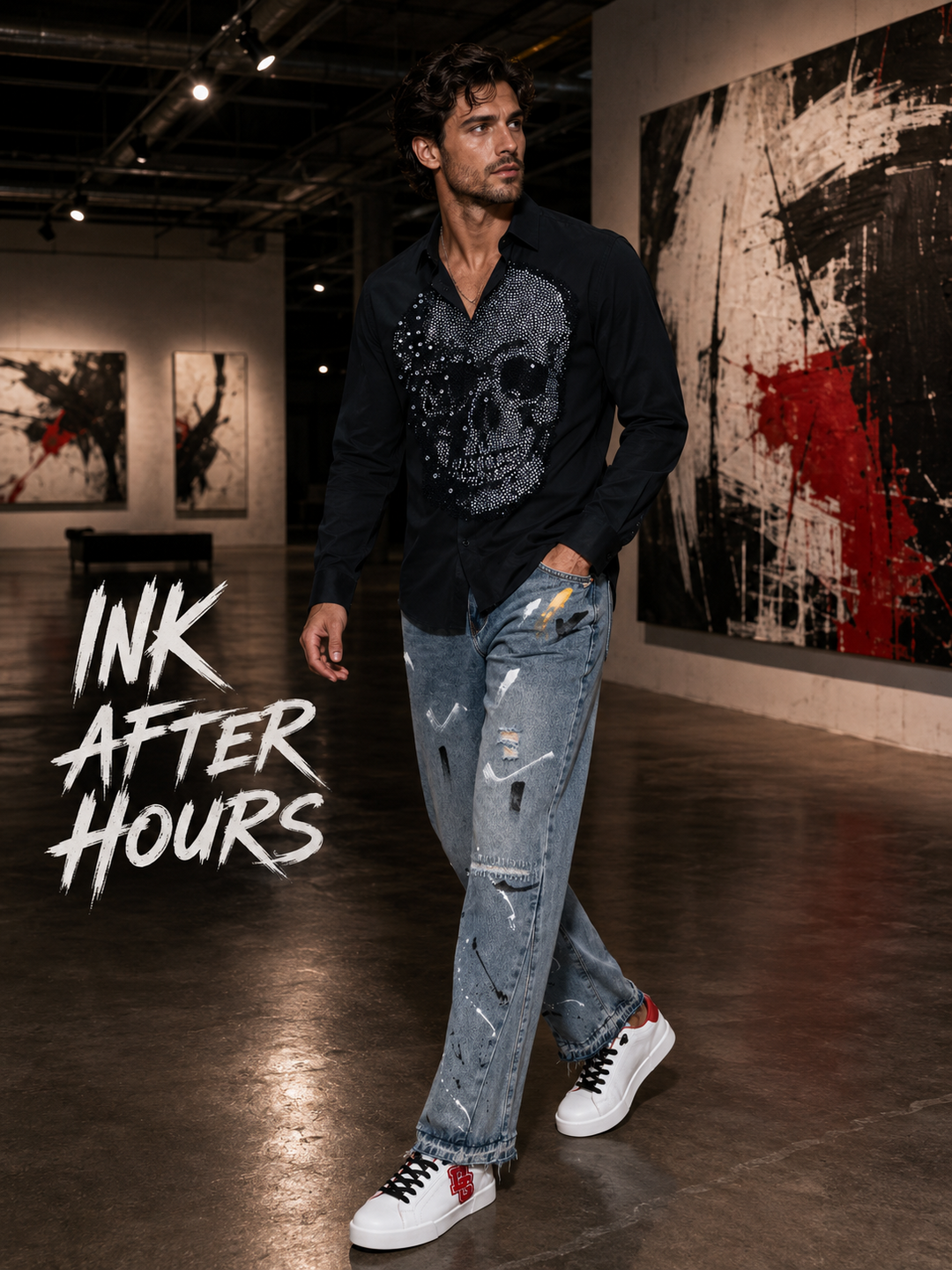 Men's alternative streetwear outfit with a black skull shirt, paint-splatter jeans and white-red sneakers.