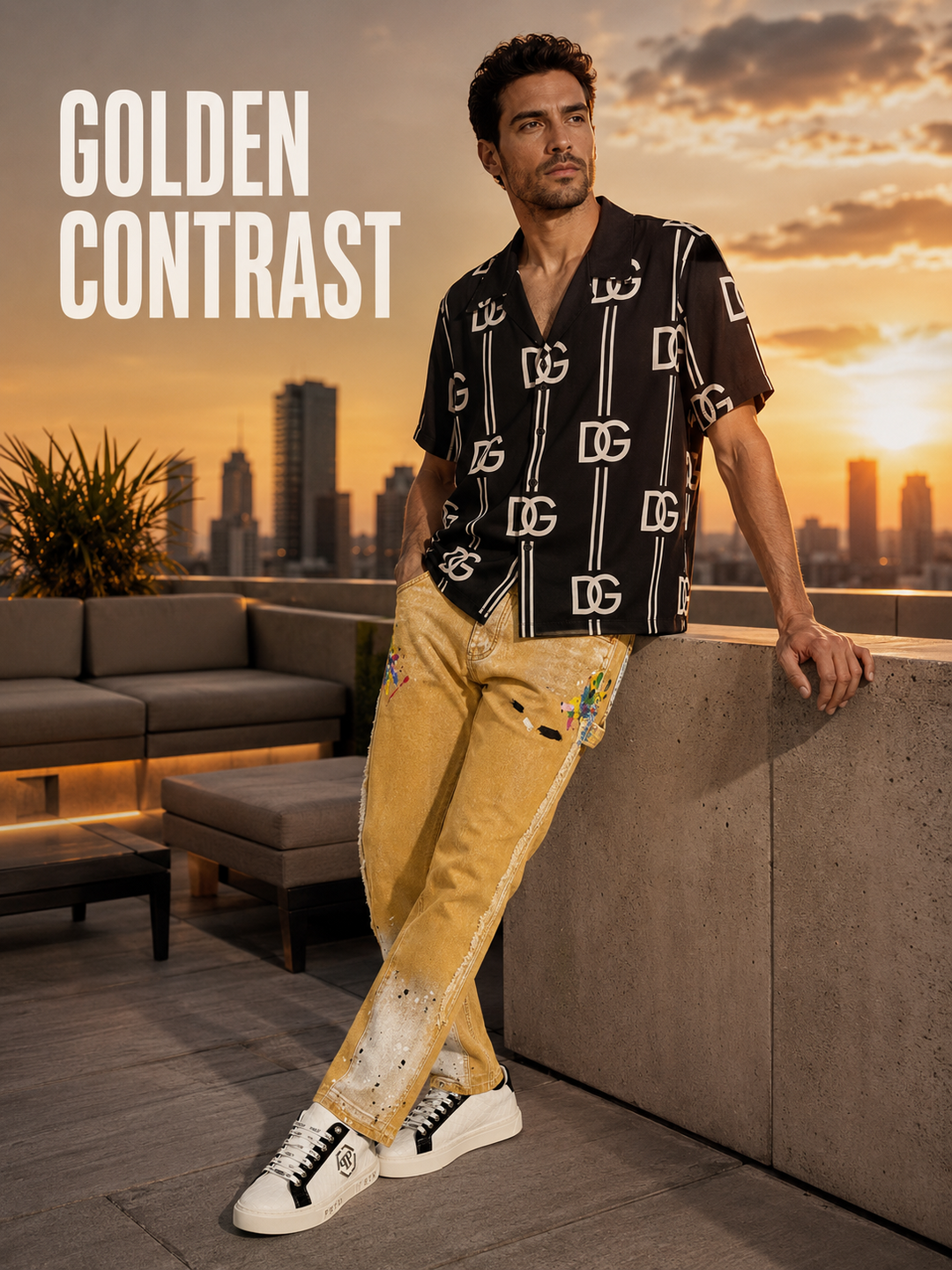 Men's color-blocked streetwear outfit with a black shirt, mustard jeans and white-black sneakers.