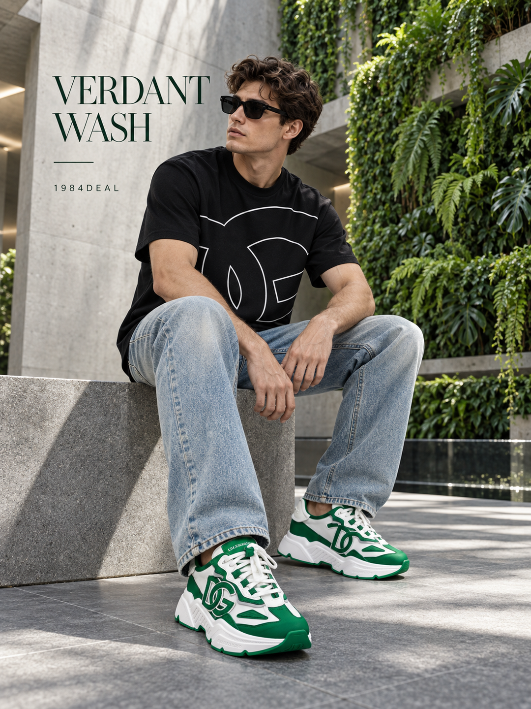 Adult man in a black graphic T-shirt, light blue washed jeans and green-white sneakers in a concrete garden atrium