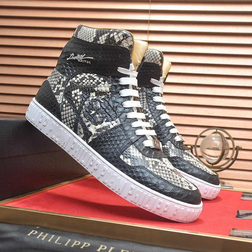 Black and white patterned high-top sneakers with white laces and white soles