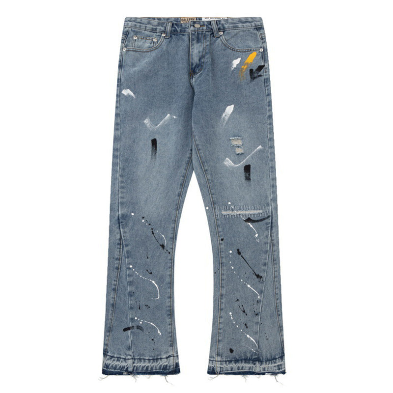 Distressed raw-edge men's jeans used in a guide to measuring waist, rise and inseam.
