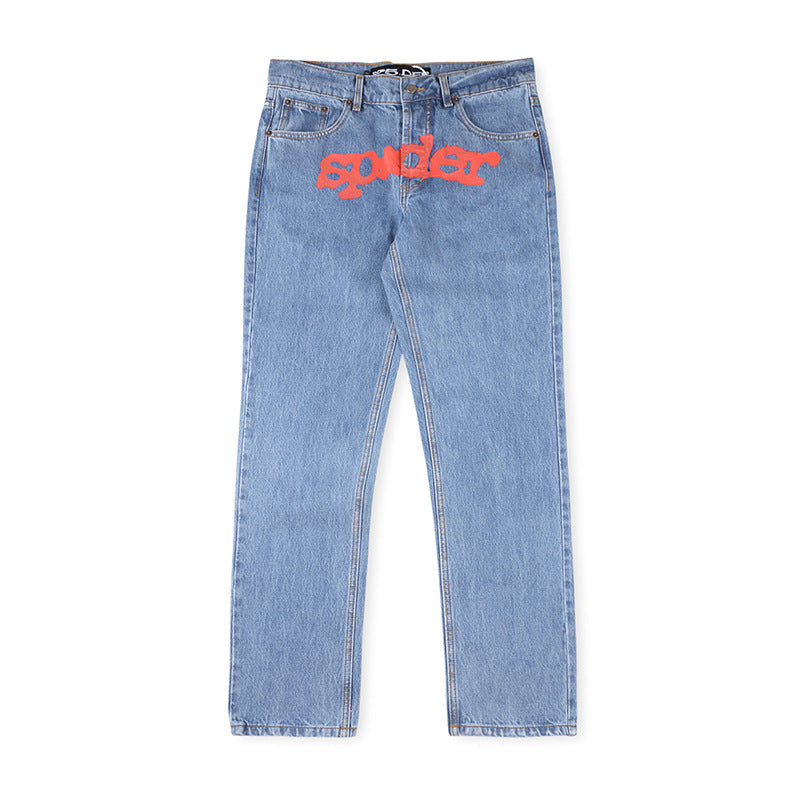Light blue men's jeans with a large red graphic across the front