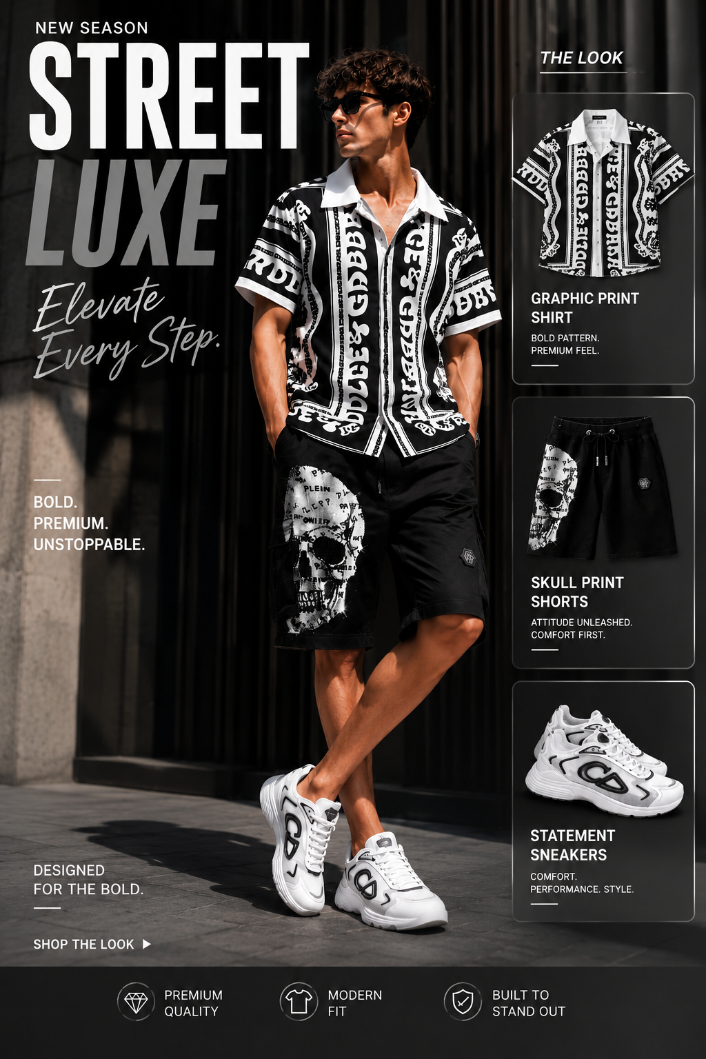 Men's black and white graphic T-shirt outfit with black shorts and white sneakers