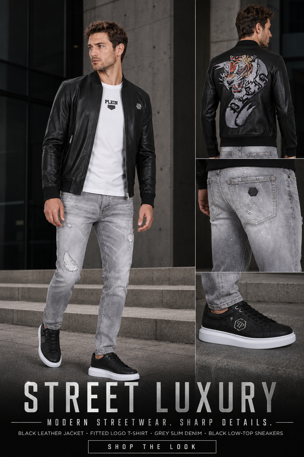 Men's black leather jacket outfit with grey jeans, T-shirt and low-top sneakers