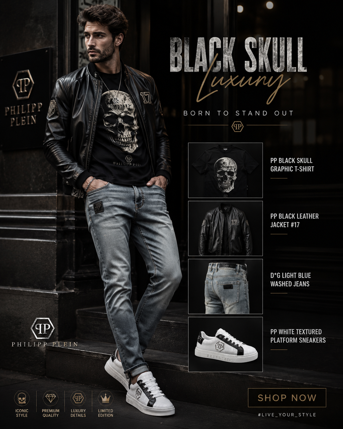 Men's streetwear sneaker colorway guide featuring white, black, gold and blue footwear options