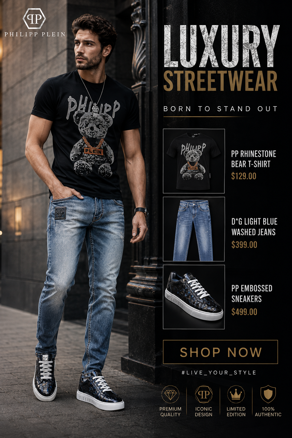Men's luxury streetwear outfit with graphic T-shirt, denim and casual sneakers