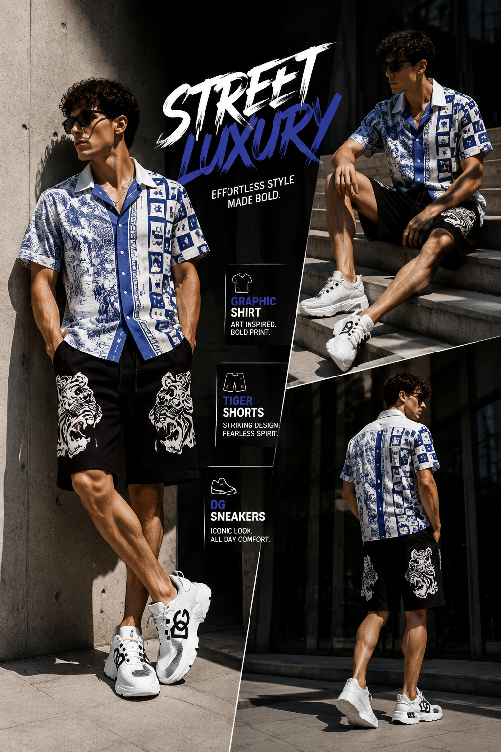 Men's printed short-sleeve shirt outfit with black shorts and white sneakers