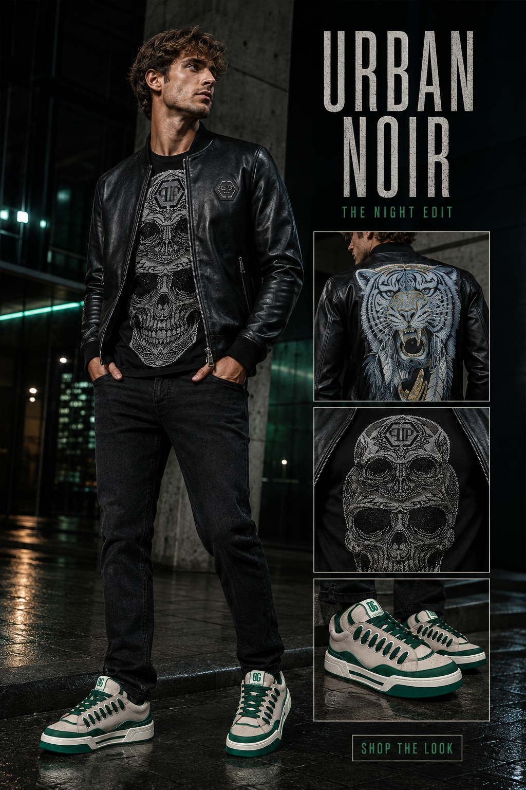 Men's black leather jacket streetwear outfit with skull graphic T-shirt, black jeans and green sneakers