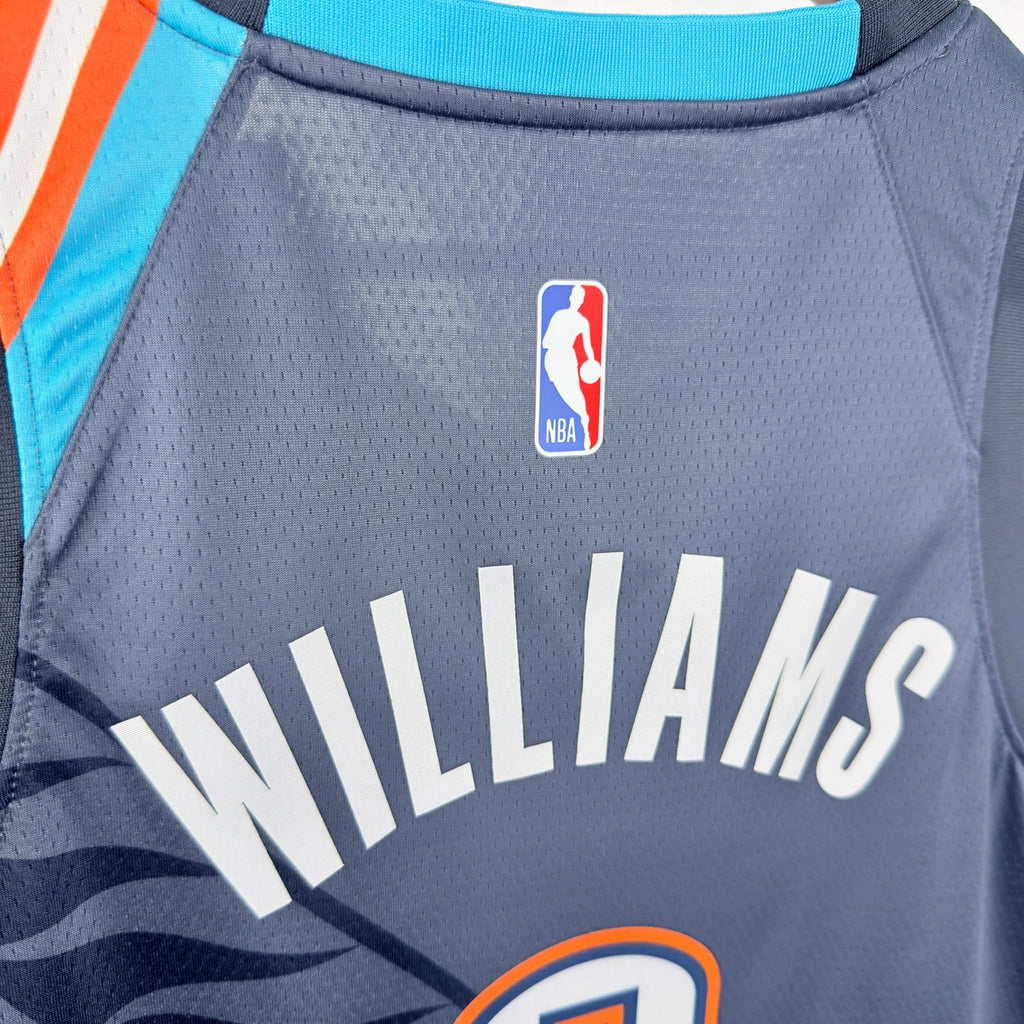 Oklahoma City Thunder 2025-26 city edition basketball jersey close-up of jersey number and player name in team colors for basketball fans