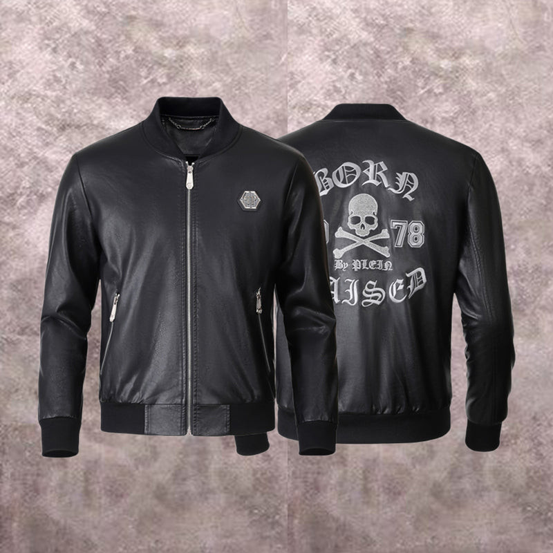 PP Black Skull Leather Bomber Jacket | Men's Streetwear