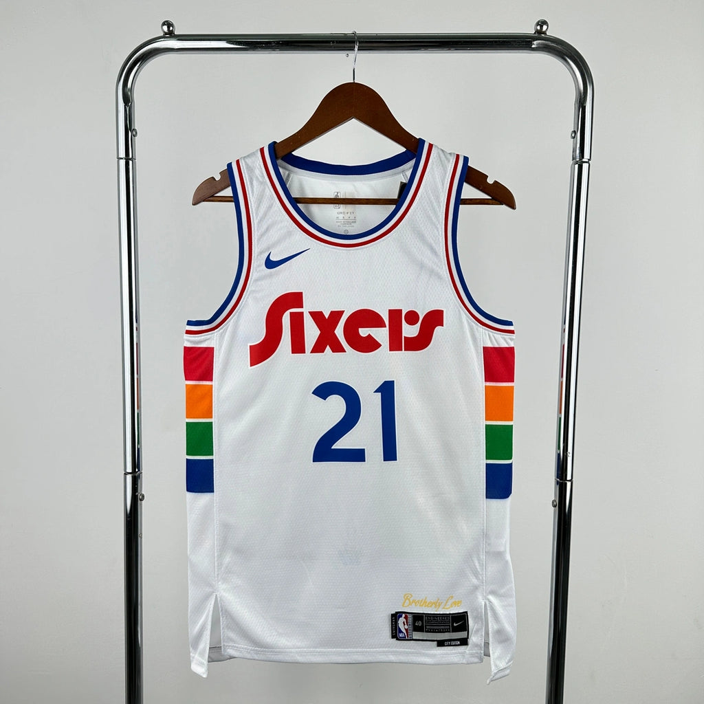 76ers ChestLogo City Jersey in White Hanging 012