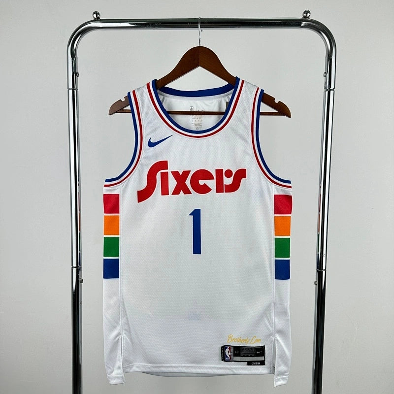 76ers FrontFull City Jersey in White Hanging 001