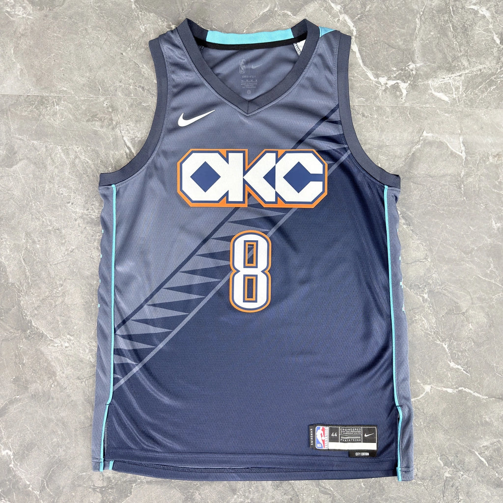 Oklahoma City Thunder 2025-26 city edition basketball jersey angled back view in team colors for basketball fans