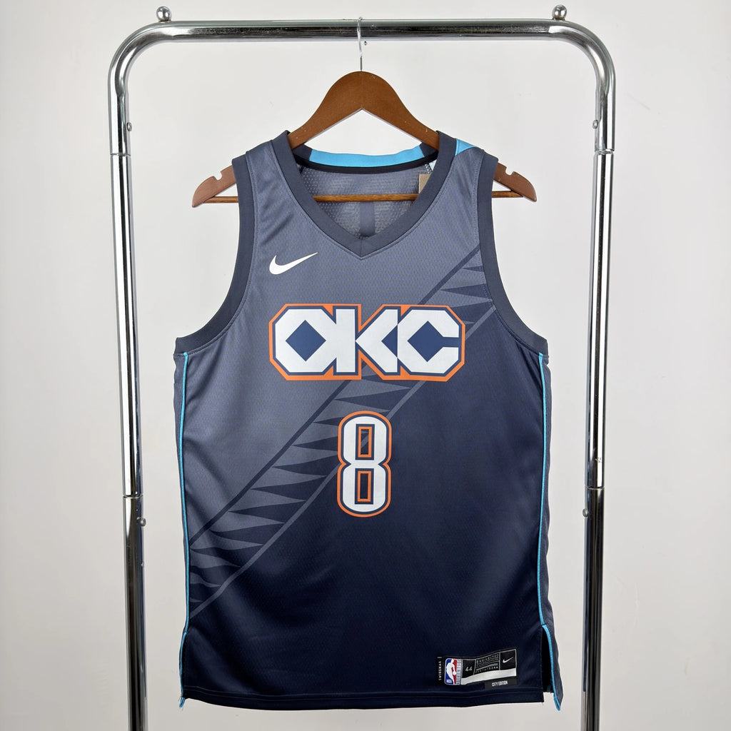 Oklahoma City Thunder 2025-26 city edition basketball jersey front view in team colors for basketball fans
