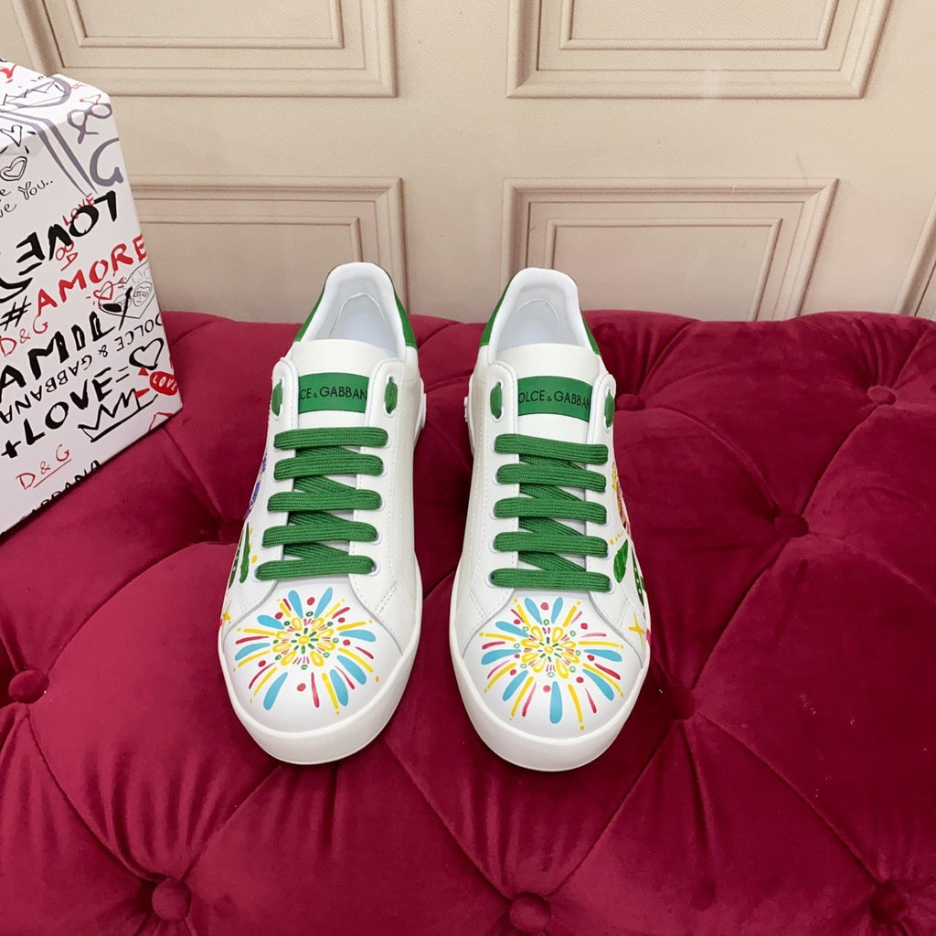 2026 Premium Leather Casual Sneakers - Designer Unisex Shoes in White & White/Green