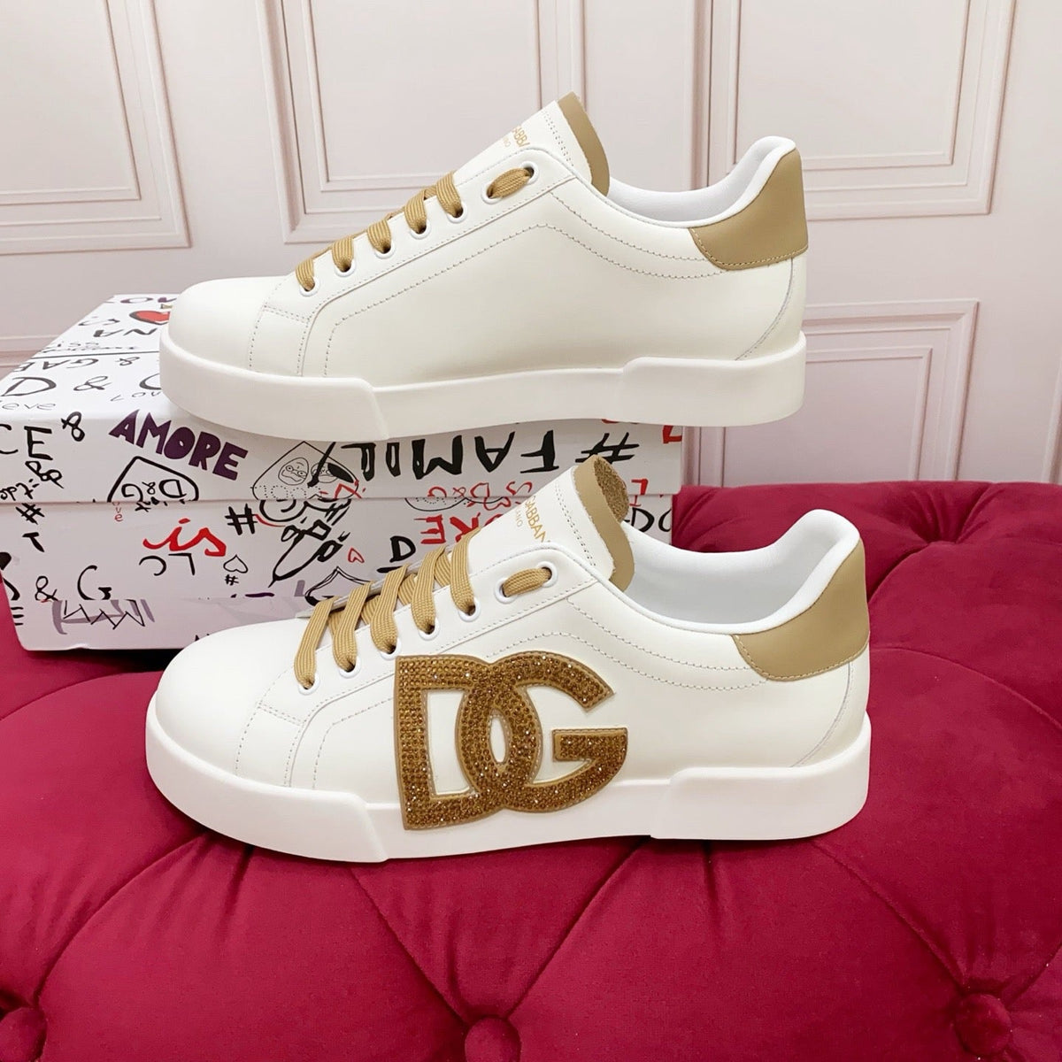 D*G White & Gold Casual Sneakers #18 | Streetwear Shoes