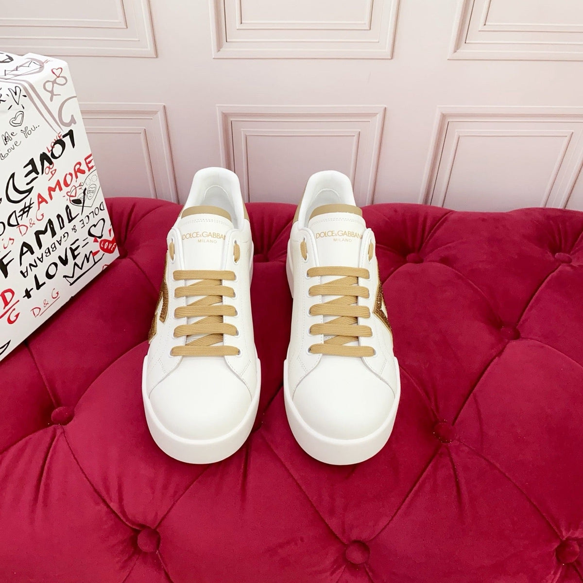 D*G White & Gold Casual Sneakers #18 | Streetwear Shoes