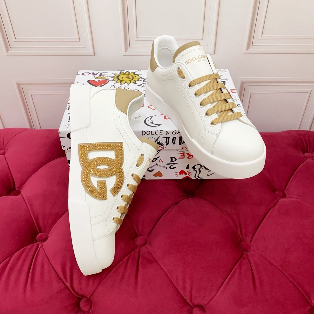 D*G White & Gold Casual Sneakers #18 | Streetwear Shoes