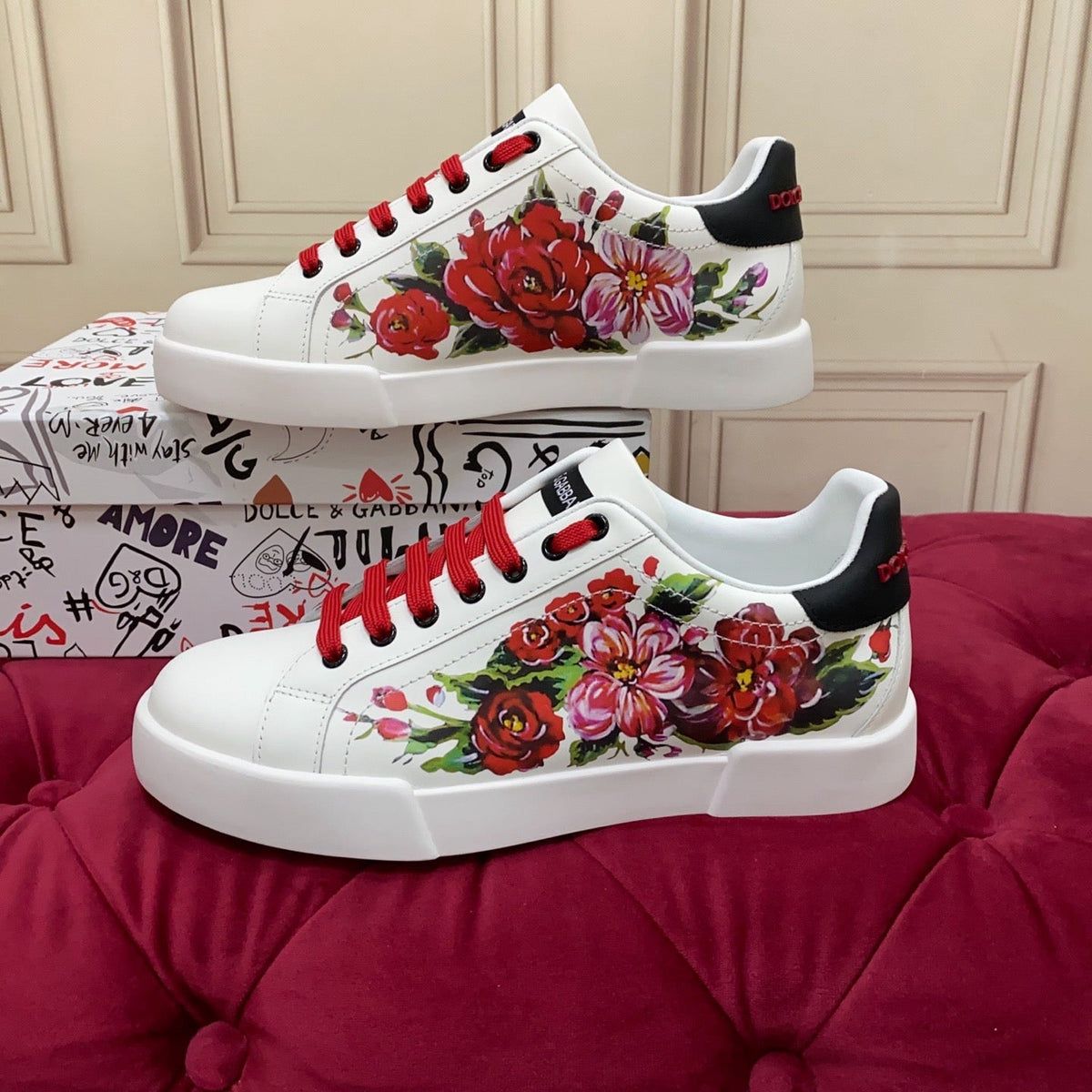 White & Red Leather Casual Sneakers #40 | Men's Streetwear