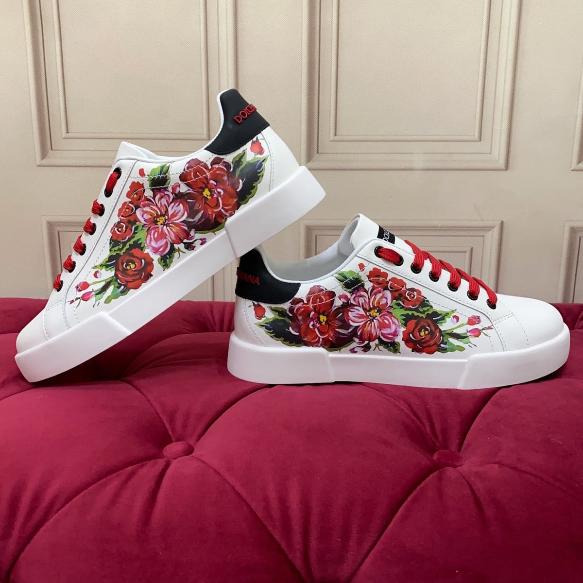 White & Red Leather Casual Sneakers #40 | Men's Streetwear