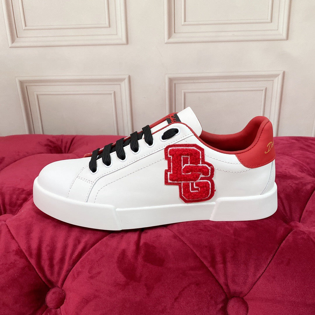 White & Red Leather Casual Sneakers #53 | Men's Streetwear
