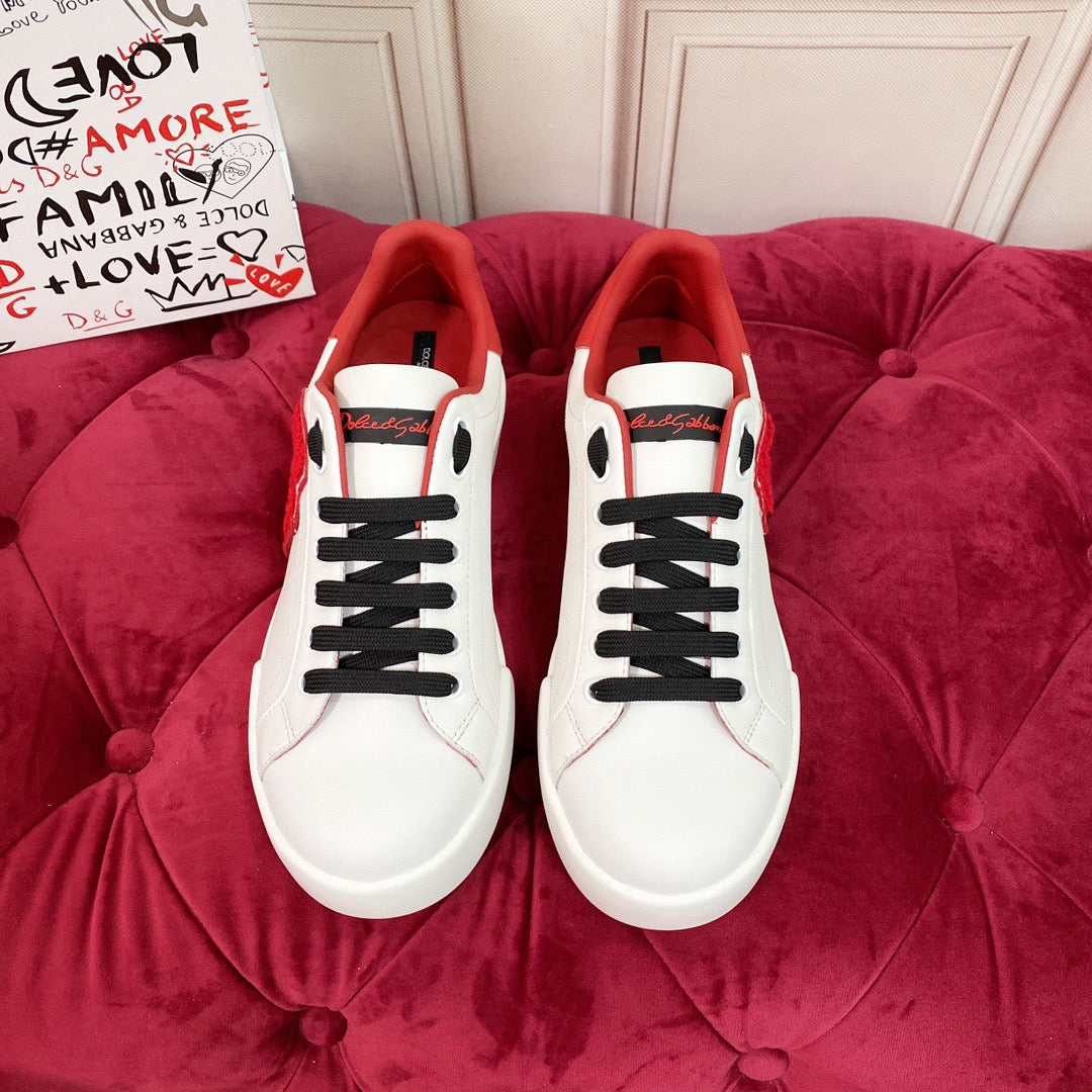White & Red Leather Casual Sneakers #53 | Men's Streetwear