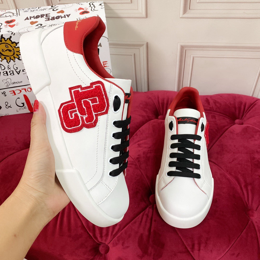 White & Red Leather Casual Sneakers #53 | Men's Streetwear
