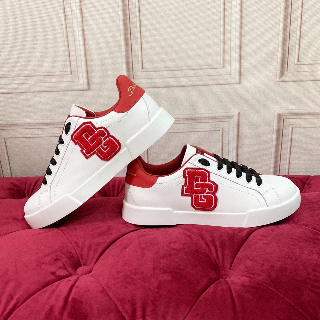 White & Red Leather Casual Sneakers #53 | Men's Streetwear