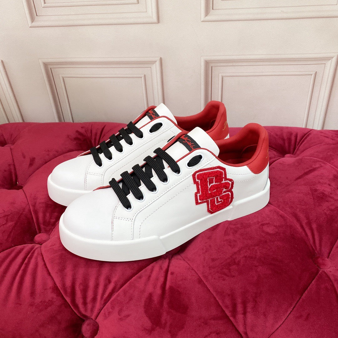 White & Red Leather Casual Sneakers #53 | Men's Streetwear