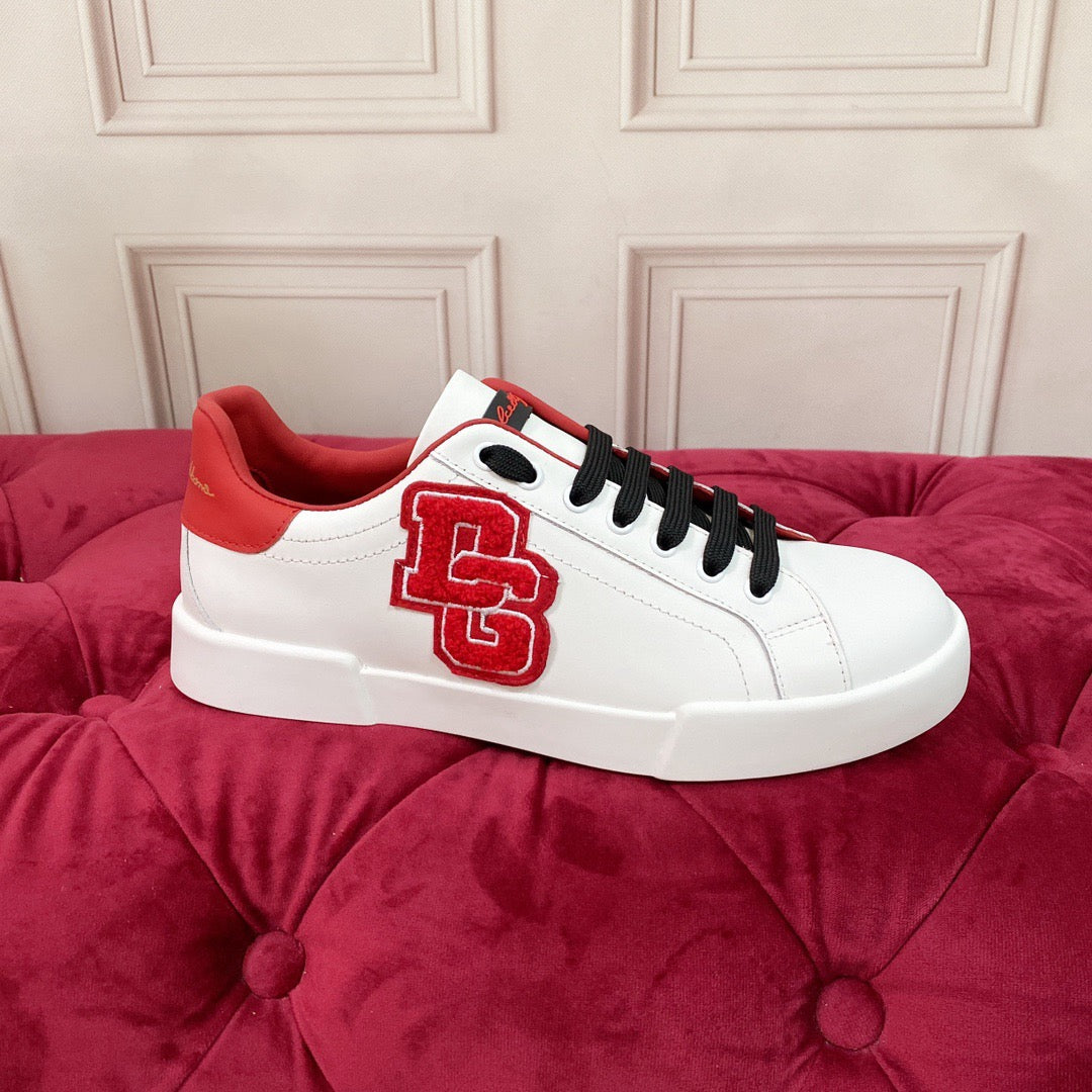 White & Red Leather Casual Sneakers #53 | Men's Streetwear