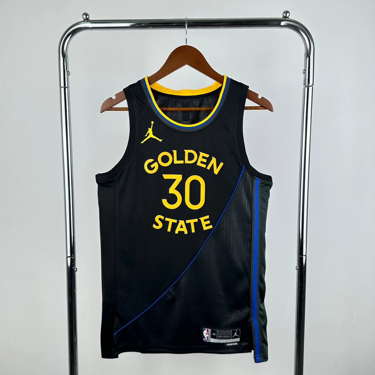 Warriors FrontFull AirJordan Jersey in Black Hanging 013