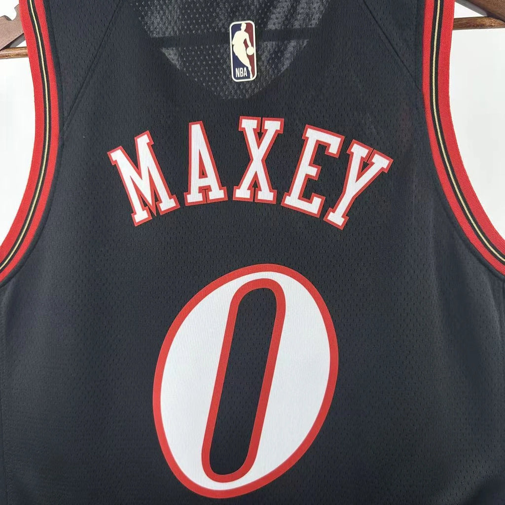 Philadelphia 76ers 2025-26 throwback edition basketball jersey close-up of collar and neckline stitching in black for basketball fans