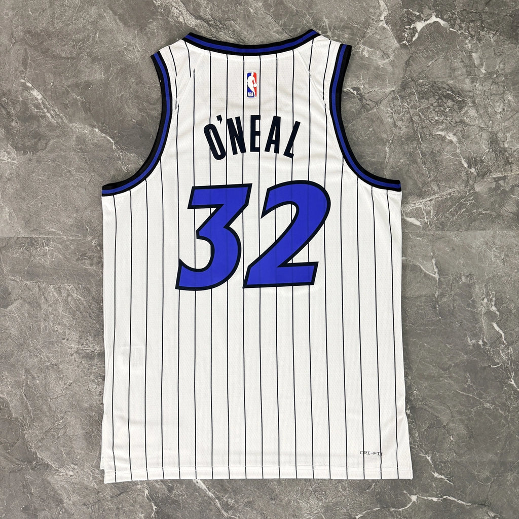 Orlando Magic 2025-26 home basketball jersey close-up of collar and neckline stitching in white for basketball fans
