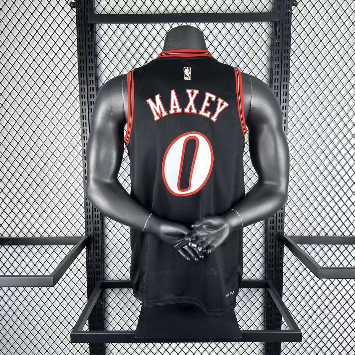 Philadelphia 76ers 2025-26 throwback edition basketball jersey side angle view in black for basketball fans