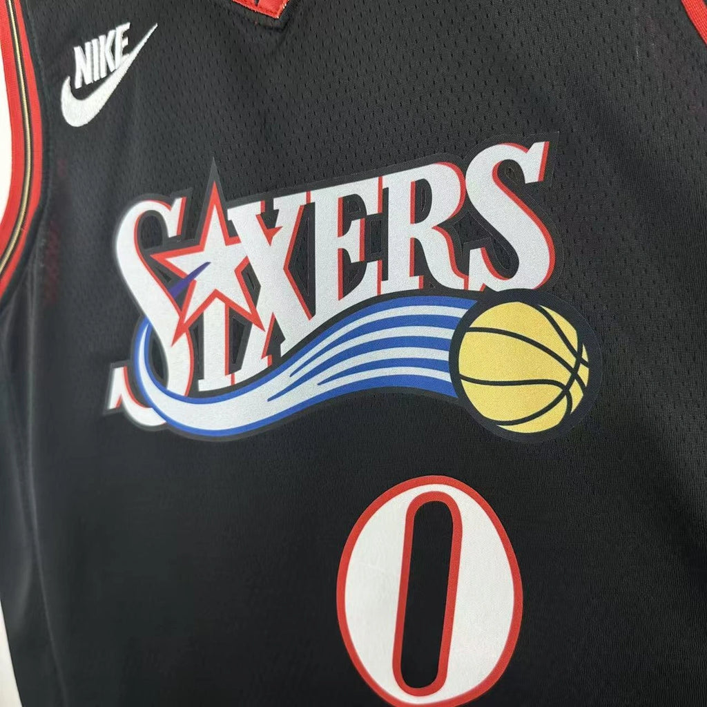 Philadelphia 76ers 2025-26 throwback edition basketball jersey close-up of moisture-wicking fabric texture in black for basketball fans
